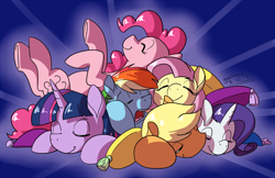 Size: 1000x647 | Tagged: safe, artist:goat train, applejack, fluttershy, pinkie pie, rainbow dash, rarity, twilight sparkle, earth pony, pegasus, pony, unicorn, cuddle puddle, cuddling, female, mane six, mare, pony pile, sleeping, smiling