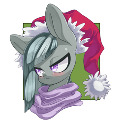 Size: 3000x3000 | Tagged: safe, artist:kaikoinu, artist:thepolymath, edit, marble pie, earth pony, pony, blushing, bust, christmas, clothes, cute, female, hat, holiday, looking away, mare, nervous, portrait, santa hat, scarf, shy, simple background, solo, white background