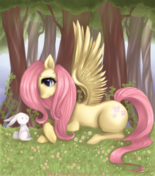 Size: 900x1024 | Tagged: dead source, safe, artist:felynea, angel bunny, fluttershy, pegasus, pony, colored pupils, duo, female, forest, grass, mare, prone, spread wings, wings, wrong eye color