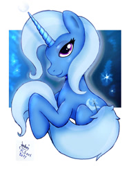 Size: 910x1200 | Tagged: safe, artist:joakaha, trixie, pony, unicorn, abstract background, blushing, female, hug, looking at you, mare, photoshop, smiling, solo, stars, tail hug