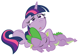 Size: 2320x1636 | Tagged: safe, artist:ironfruit, artist:raveneesimo, spike, twilight sparkle, unicorn twilight, dragon, pony, unicorn, concerned, cute, duo, female, floppy ears, glowing horn, male, mama twilight, mare, photoshop, prone, sad, simple background, sleeping, spikabetes, sucking thumb, transparent background, vector