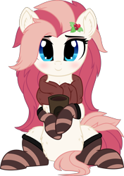 Size: 4630x6562 | Tagged: safe, artist:aureai, oc, oc only, oc:aureai, pegasus, pony, .svg available, 2020 community collab, blushing, chest fluff, clothes, cookie, cup, cute, derpibooru community collaboration, ear fluff, female, fluffy, food, happy, holly, leg fluff, long mane, looking at you, mare, oreo, raised eyebrow, scarf, simple background, sitting, smiling, socks, solo, striped socks, tea, transparent background, vector