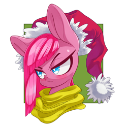 Size: 3000x3000 | Tagged: safe, artist:kaikoinu, artist:thepolymath, edit, pinkie pie, earth pony, pony, blushing, bust, christmas, clothes, confident, cute, cuteamena, female, hat, holiday, looking away, mare, pinkamena diane pie, portrait, santa hat, scarf, simple background, smiling, smirk, solo, white background