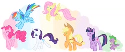 Size: 1154x484 | Tagged: safe, artist:skdaffle, applejack, fluttershy, pinkie pie, rainbow dash, rarity, spike, twilight sparkle, unicorn twilight, dragon, earth pony, pegasus, pony, unicorn, baby, baby dragon, cute, cutie mark, dashabetes, diapinkes, female, flying, jackabetes, jumping, male, mane seven, mane six, mare, no pupils, photoshop elements, raribetes, shyabetes, signature, simple background, spikabetes, twiabetes, white background