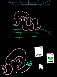 Size: 775x1050 | Tagged: safe, artist:jargon scott, fluttershy, pegasus, pony, binary, black background, cursor, cyberspace, eyes closed, file, grid, hoof hold, png, simple background, smiling, solo, txt