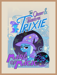 Size: 587x768 | Tagged: safe, artist:purpletinker, trixie, pony, unicorn, ursa major, female, mare, poster, smiling, solo, trixie's cape, trixie's hat