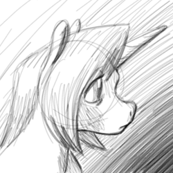 Size: 700x700 | Tagged: safe, artist:goat train, oc, oc only, oc:gloomy, pony, unicorn, bust, grayscale, monochrome, portrait, profile, sad, sketch, solo