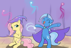 Size: 1500x1028 | Tagged: safe, artist:theparagon, fluttershy, trixie, pegasus, pony, unicorn, bipedal, cape, clothes, featureless crotch, female, happy, hat, lesbian, magic, mare, shipping, smiling, stage, trixie's cape, trixie's hat, trixieshy