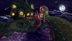Size: 2123x1200 | Tagged: safe, artist:tsitra360, angel bunny, fluttershy, firefly (insect), fish, pegasus, pony, beautiful, bridge, duo, female, flower, fluttershy's cottage, moon, night, pet, photoshop, river, sky, solo, stream, wallpaper, water