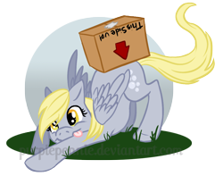 Size: 1004x793 | Tagged: safe, artist:fantaprime, derpy hooves, pegasus, pony, :p, box, female, grass, mare, simple background, solo, tongue out, transparent background, watermark
