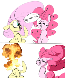 Size: 2023x2415 | Tagged: safe, artist:hattsy, fluttershy, pinkie pie, pegasus, pony, colored sketch, comic, explosion, grin, smiling