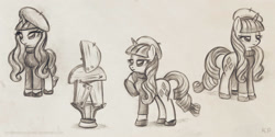 Size: 1000x500 | Tagged: safe, artist:kp-shadowsquirrel, rarity, pony, unicorn, sweet and elite, beatnik rarity, beret, black and white, clothes, female, grayscale, hat, mare, modern art, monochrome, sketch, sketch dump, solo, table, traditional art