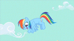 Size: 384x216 | Tagged: safe, edit, edited screencap, screencap, rainbow dash, pegasus, pony, the mysterious mare do well, animated, caption, cloud, dancing, female, flying, gif, happy, haters gonna hate, image macro, mare, meme, sky, solo, text