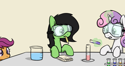 Size: 1500x800 | Tagged: safe, artist:skitter, scootaloo, sweetie belle, oc, oc:anon filly, beaker, chemistry, cute, female, filly, goggles, graduated cylinder, magic, mouth hold, notepad, pouring, science, simple background, telekinesis, test tube