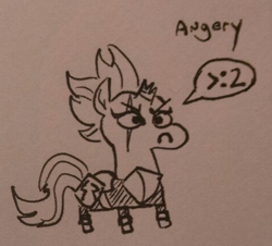 Size: 474x428 | Tagged: safe, artist:jargon scott, tempest shadow, pony, unicorn, my little pony: the movie, :c, >:2, angery, angry, armor, black and white, broken horn, chibi, emoticon, eye scar, female, frown, glare, gray background, grayscale, mare, misspelling, monochrome, pictogram, scar, silly, silly pony, simple background, smol, solo, speech bubble, traditional art