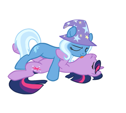 Size: 879x792 | Tagged: safe, artist:blackfeathr, trixie, twilight sparkle, unicorn twilight, pony, unicorn, clothes, duo, eyes closed, featureless crotch, female, gritted teeth, hat, lesbian, licking, mare, on back, on top, photoshop, shipping, simple background, smiling, tongue out, trixie's hat, twixie, white background