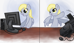 Size: 2168x1260 | Tagged: safe, artist:blackfeathr, derpy hooves, pegasus, pony, artifact, computer, derpy hooves tech support, female, mare, no, open mouth, photoshop, reaction image, smiling, solo, throwing, wallpaper