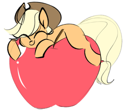 Size: 879x789 | Tagged: safe, artist:hattsy, applejack, earth pony, pony, apple, cowboy hat, cute, eyes closed, food, hat, simple background, smiling, solo, white background