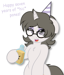 Size: 3247x3801 | Tagged: safe, artist:digiqrow, derpibooru exclusive, oc, oc only, oc:solaria, semi-anthro, alcohol, blushing, bottle, chest fluff, drunk, glasses, happy birthday mlp:fim, hat, mlp fim's seventh anniversary, party hat, simple background, transparent background