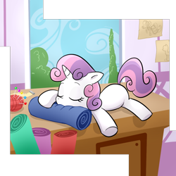 Size: 1000x1000 | Tagged: safe, artist:madmax, sweetie belle, pony, unicorn, carousel boutique, cute, diasweetes, dumb fabric, fabric, female, filly, needle, simple background, sleeping, solo, transparent background