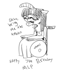 Size: 594x676 | Tagged: safe, artist:whydomenhavenipples, twilight sparkle, pony, semi-anthro, ambien, dialogue, drool, floppy horn, happy birthday mlp:fim, insomnia, mlp fim's seventh anniversary, monochrome, old, older, sitting, solo, wheelchair