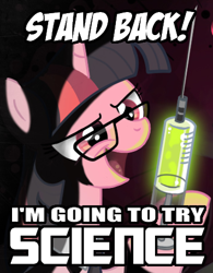 Size: 353x452 | Tagged: safe, artist:don-ko, edit, twilight sparkle, pony, unicorn, cthulhu mythos, female, glasses, glow, herbert west, image macro, lovecraft, mad scientist, mare, meme, needle, paint.net, re-animator, science, solo, stand back i'm going to try science, syringe