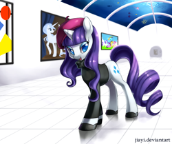 Size: 1014x847 | Tagged: safe, artist:jiayi, applejack, fluttershy, pinkie pie, rainbow dash, rarity, twilight sparkle, oc, earth pony, fish, pegasus, pony, unicorn, sweet and elite, abstract art, art, art gallery, beatnik rarity, beret, clothes, female, gallery, hat, looking at you, mane six, mare, modern art, smiling, sweater, underwater, unnamed oc