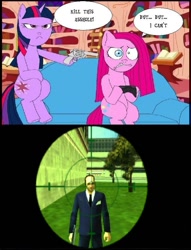 Size: 655x856 | Tagged: source needed, safe, artist:terry, pinkie pie, twilight sparkle, unicorn twilight, earth pony, pony, unicorn, businessman, crossover, duo, female, golden oaks library, grand theft auto, gta liberty city stories, gun, mare, meme, pinkamena diane pie, revolver, tree, trio, vulgar