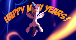 Size: 1280x664 | Tagged: safe, artist:cosmonaut, derpibooru import, rumble, colt, cute, fireworks, flying, hat, kiss mark, lets ask rumble, new year, party hat, solo