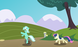 Size: 8000x4800 | Tagged: safe, artist:the smiling pony, bon bon, derpy hooves, lyra heartstrings, sweetie drops, earth pony, pegasus, pony, unicorn, absurd resolution, female, inkscape, mare, mountain, running, stare, tree, trio, trio female, unicycle, vector, wallpaper