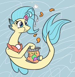 Size: 579x594 | Tagged: safe, artist:jargon scott, princess skystar, seapony (g4), my little pony: the movie, chips, eating, food, skyabetes, solo