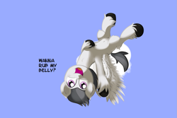 Size: 1159x773 | Tagged: safe, artist:cosmonaut, derpibooru import, rumble, ask, belly button, bellyrubs, cloud, fluffy, lets ask rumble, on back, solo, tumblr, unshorn fetlocks, upside down