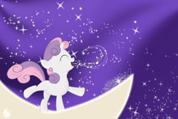 Size: 3000x2000 | Tagged: safe, artist:re6ellion, sweetie belle, pony, unicorn, eyes closed, female, filly, high res, moon, music, music notes, photoshop, singing, sky, solo, stars, wallpaper