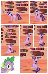 Size: 1707x2595 | Tagged: safe, artist:the smiling pony, spike, twilight sparkle, unicorn twilight, dragon, pony, unicorn, comic, cute, duo, female, golden oaks library, inkscape, male, mare, scrunchy face, smiling, twiabetes, vector