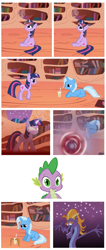 Size: 1429x3358 | Tagged: safe, artist:the smiling pony, spike, steven magnet, trixie, twilight sparkle, unicorn twilight, dragon, pony, sea serpent, unicorn, comic, female, glowing eyes, glowing horn, inkscape, male, mare, moustache, vector