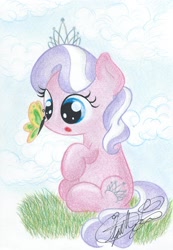 Size: 1824x2640 | Tagged: safe, artist:jackie00liza, diamond tiara, butterfly, earth pony, pony, cloud, cloudy, cute, female, filly, grass, open mouth, solo, traditional art