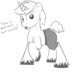 Size: 1071x1077 | Tagged: safe, artist:cosmonaut, derpibooru import, guyra, lyra heartstrings, pony, unicorn, boxers, clothes, cute, dialogue, looking at you, lyrabetes, male, monochrome, one hoof raised, rule 63, rule63betes, sketch, solo, stallion, standing, topless, underwear, unshorn fetlocks