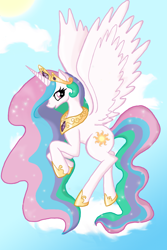 Size: 800x1200 | Tagged: dead source, safe, artist:glitteringsky, princess celestia, alicorn, pony, female, flying, looking at you, mare, sky, solo, sun