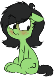 Size: 348x491 | Tagged: safe, artist:smoldix, artist:whydomenhavenipples, derpibooru exclusive, edit, oc, oc only, oc:anon filly, pony, blushing, female, filly, floppy ears, looking away, simple background, sitting, solo, trace, transparent background