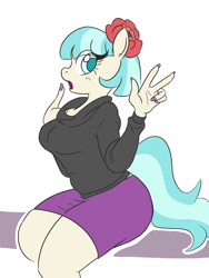 Size: 1000x1333 | Tagged: safe, artist:jargon scott, artist:whale, coco pommel, anthro, collaboration, clothes, female, fingernails, looking at you, open mouth, peace sign, simple background, solo, sweater