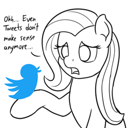 Size: 1280x1280 | Tagged: safe, artist:mkogwheel, fluttershy, the cutie map, dialogue, even tweets don't make sense anymore, meta, monochrome, open mouth, simple background, solo, twitter