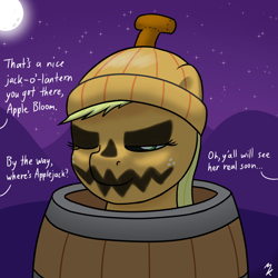 Size: 1280x1280 | Tagged: safe, artist:mkogwheel, applejack, earth pony, pony, applejack-o-lantern, barrel, beanie, clothes, dialogue, eyeshadow, freckles, halloween, halloween costume, hat, holiday, implied apple bloom, jack-o-lantern, makeup, moon, night, one eye closed, prank, pumpkin, smiling, solo