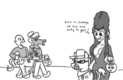 Size: 885x576 | Tagged: safe, artist:jargon scott, oc, oc only, oc:brownie bun, oc:horsey husband, oc:human wifey, oc:richard, earth pony, human, pony, bald, clothes, costume, cowboy, cowboy hat, cultural appropriation, dialogue, elvira, grayscale, halloween, hat, hoers mask, holiday, mask, meme, monochrome, pony costume, pumpkin bucket, sheriff's badge, simple background, skeleton costume, trick or treat, triggered, unamused, white background