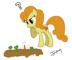 Size: 737x610 | Tagged: dead source, safe, artist:jykinturah, carrot top, golden harvest, earth pony, pony, adobe fireworks, carrot, doubt, female, mare, question mark, simple background, solo, transparent background