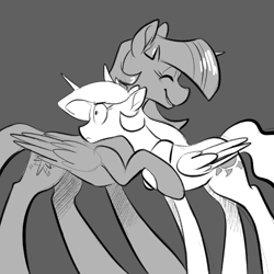 Size: 700x700 | Tagged: safe, artist:goat train, princess celestia, twilight sparkle, twilight sparkle (alicorn), alicorn, pony, grayscale, hug, monochrome, role reversal, size difference