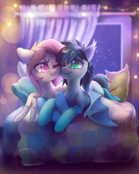 Size: 2749x3436 | Tagged: safe, artist:dawnfire, oc, oc only, oc:midnight aegis, oc:peach hack, bat pony, pegasus, pony, bat pony oc, bedroom, clothes, couple, cuddling, cute, female, male, mare, oc x oc, peagis, shipping, socks, straight