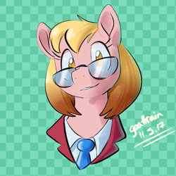 Size: 700x700 | Tagged: safe, artist:goat train, oc, oc only, oc:miss manager, clothes, female, glasses, looking at you, mare, smiling, solo, species swap