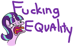 Size: 837x541 | Tagged: safe, artist:jargon scott, starlight glimmer, unicorn, 30 minute art challenge, angry, female, mare, open mouth, ragelight glimmer, simple background, solo, text, this will end in communism, this will end in gulag, tongue out, vulgar, white background