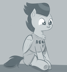 Size: 1024x1107 | Tagged: safe, artist:cosmonaut, derpibooru import, rumble, pegasus, pony, boxers, clothes, colt, cute, grayscale, male, monochrome, rumblebetes, shirt, sitting, solo, underwear