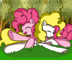 Size: 1800x1500 | Tagged: safe, artist:mykittystyle, pinkie pie, surprise, earth pony, pegasus, pony, g1, duo, eyes closed, female, g1 to g4, generation leap, happy, mare, paint tool sai, prone, smiling, tree